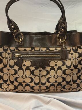 Coach Brown and Tan Signature Canvas Tote with Leather Trim